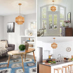 Rattan Pendant Light Boho Chandelier for Dinning Room Bohemian Hanging Lights 3-Tier Rattan Chandelier Basket Light Woven Light for Bedroom Entrance Hallway Kitchen Island Light Fixture