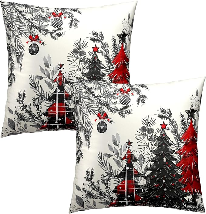 Christmas Tree Throw Pillow Covers 18x18 Set of 2, Buffalo Plaid Xmas Trees Bells Winter Holiday Decorative Pillow Cases Cotton Cushion Cover for Bed Sofa Couch Chair Home Car