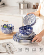 Sweejar Plates and Bowls Set for 4, 12 Pieces Handmade Ceramic Dinnerware Sets, Highly Scratch Resistant Dishes Set for Kitchen, Porcelain Dishwasher & Microwave Safe Dishes Set (Vintage Blue)