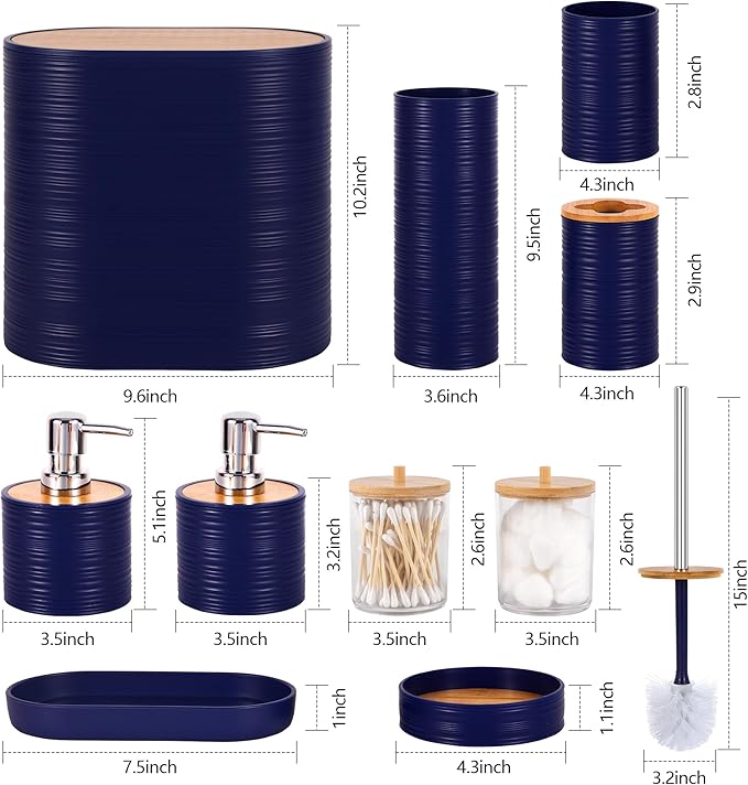 Navy Blue Bathroom Set, 25 PCS Bathroom Accessories Set with Shower Curtains, Rugs, Trash Can, Toothbrush Holder, Soap Dispensers, Toothbrush Cup, Vanity Tray, Soap Dish, Toilet Brush, Qtip Holders