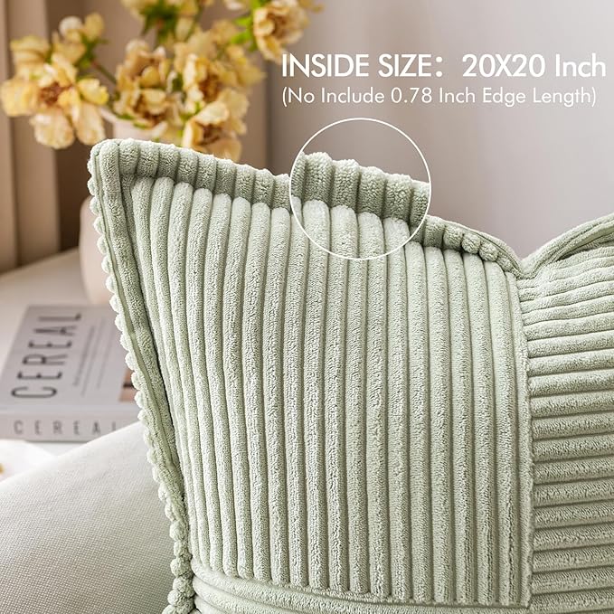 MIULEE Decorative Throw Pillow Covers for Couch Bed Livingroom 20x20 Inch Set of 2 Light Green Boho Accent Throw Pllows Broadside Striped Patchwork Soft Corduroy Summer Pillowcases