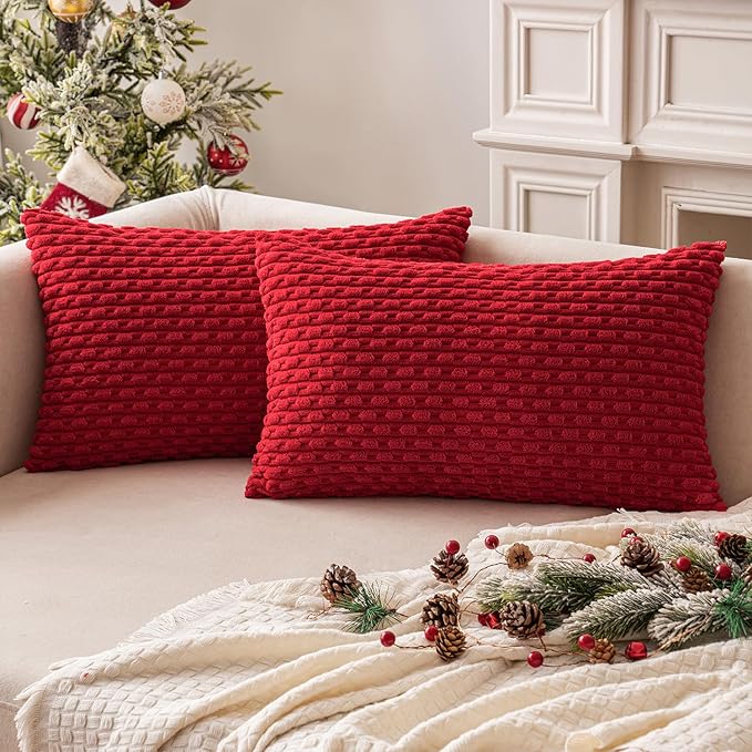 MIULEE Christmas Red Throw Pillow Covers Soft Corduroy Decorative Set of 2 Boho Striped Pillow Covers Pillowcases Farmhouse Home Decor for Couch Bed Sofa Living Room 12x20 Inch