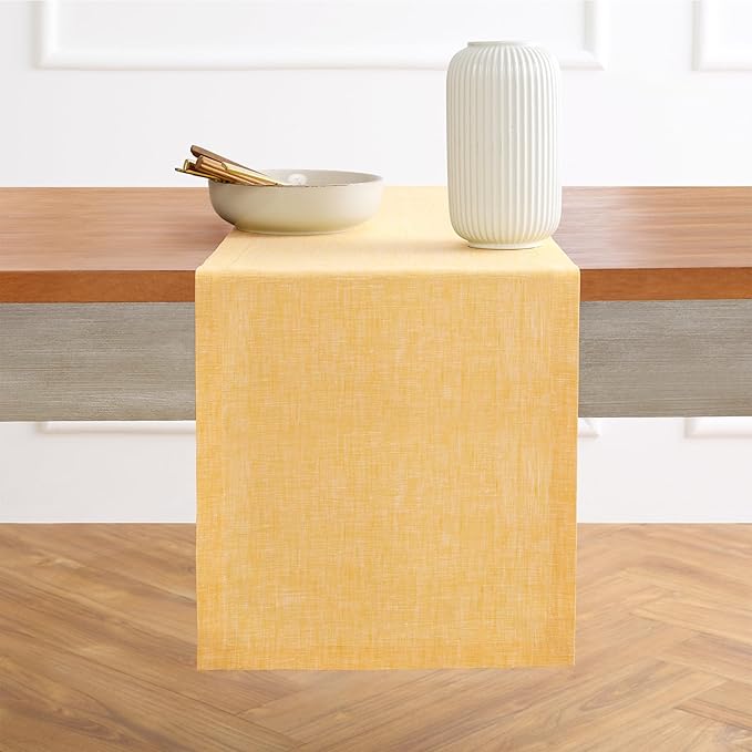 Solino Home Linen Table Runner 120 Inches Long - Athena, 100% Pure Linen Chambray Mustard Yellow Table Runner 14 x 120 Inch for Dining