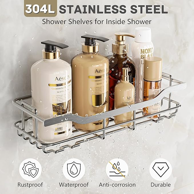 OMAIRA 3-Pack Shower Caddy with Soap Holder, Adhesive Rustproof No-drill Strudy Loading Inside Shower Organizer Shelves Rack Storage Bathroom Organization for Smooth Wall Glass Tile, Silver (X-Large)