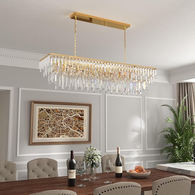 Rectangle Chandeliers for Dining Room, 47" Gold Modern Top K9 Rectangle Crystal Chandelier 14 Lights Rectangular Adjustable Pendant Ceiling Light Fixture for Dining Room Kitchen Island