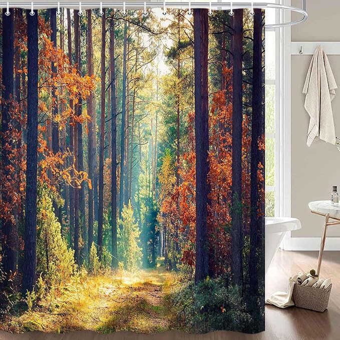 Romantic Fall Shower Curtain, Autumn Forest Thanksgiving Shower Curtains for Bathroom, Rustic Farmhouse Trees Fabric Bath Curtain Set with Hooks 72x72 Inch