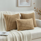 FUTEI Camel Striped Decorative Throw Pillow Covers 12x20 Inch Set of 2,Rectangle Winter Decorations Couch Lumbar Pillowcase,Soft Cozy Faux Rabbit Fur & Velvet Back,Modern Home Decor for Bed