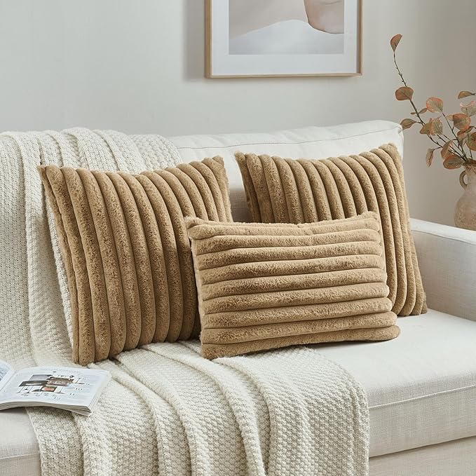 FUTEI Camel Striped Decorative Throw Pillow Covers 12x20 Inch Set of 2,Rectangle Winter Decorations Couch Lumbar Pillowcase,Soft Cozy Faux Rabbit Fur & Velvet Back,Modern Home Decor for Bed