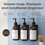 MaisoNovo Shampoo and Conditioner Dispenser - Shower Soap Dispenser Wall Mounted - 16.9 fl oz Set of 3 Amber Plastic Bottles Black Pump - 3 Chamber No Drill