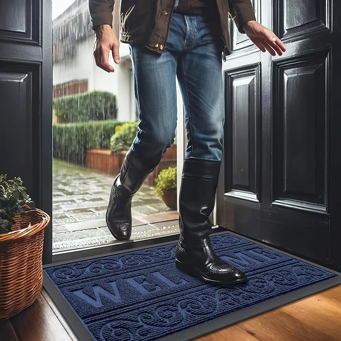 OLANLY Welcome Door Mat Indoor Outdoor Entrance, Heavy Duty Sturdy Front Door Mat, Waterproof All-Weather Doormat, Stain Resistant, Low Profile, Easy Clean Patio Entryway Mat, 47 x 32, Navy