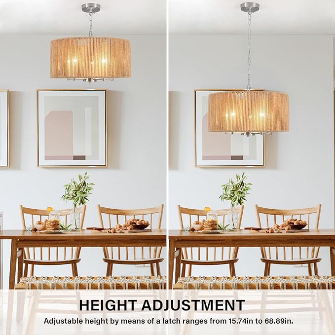 Boho Large Rattan Chandelier, 5-Lights Woven Pendant Light Fixture, 19" Dining Room Light Fixture Farmhouse Nickel Vintage Chandeliers Hanging Light for Living Room Kitchen Entryway Hallway Foyer