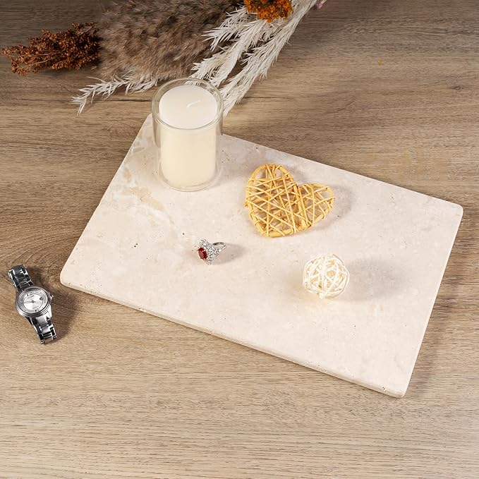 Italian Natural Travertine Tray, 12" x 8" Vanity Decorative Marble Tray for Jewelry, Ring Holder, Perfume Organizer Candle Tray for Bedroom/Bathroom/Kitchen Countertop