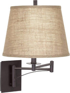 Franklin Iron Works Brinly Farmhouse Rustic Swing Arm Wall Lamp Matte Brown Metal Plug-in 12" Fixture Burlap Hardback Drum Shade for Bedroom Bedside Living Room Hallway Dining House Reading
