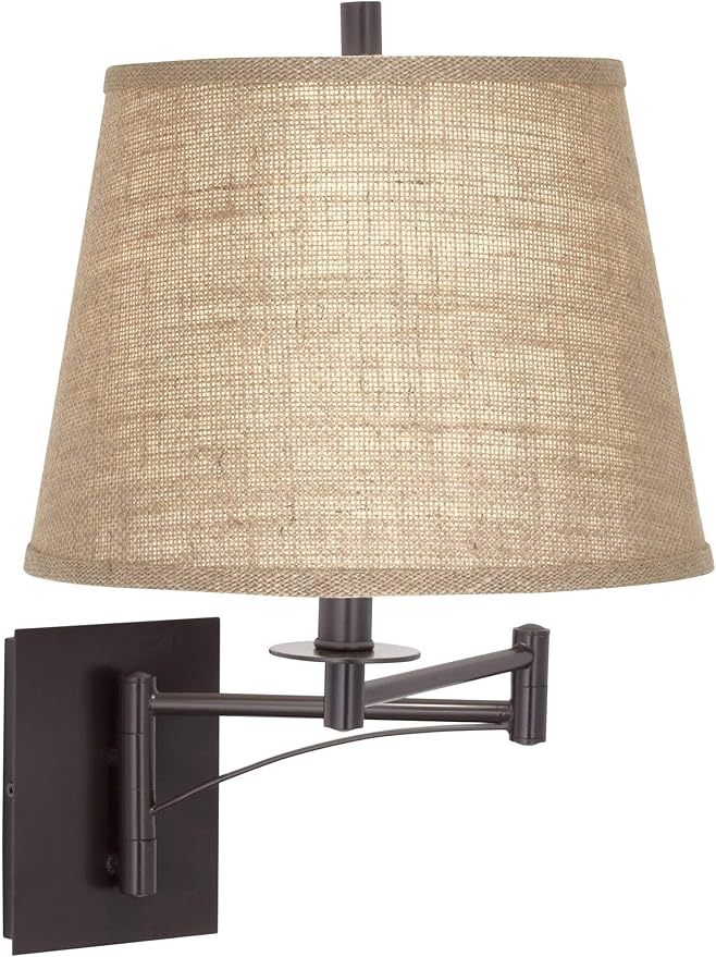 Franklin Iron Works Brinly Farmhouse Rustic Swing Arm Wall Lamp Matte Brown Metal Plug-in 12" Fixture Burlap Hardback Drum Shade for Bedroom Bedside Living Room Hallway Dining House Reading