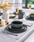Famiware Star Dinnerware Set, Plates and Bowls Sets for 4 (12pcs), Ribbed Stoneware Dishes - Chip & Scratch Resistant, Microwave & Dishwasher Safe, Deep Forest
