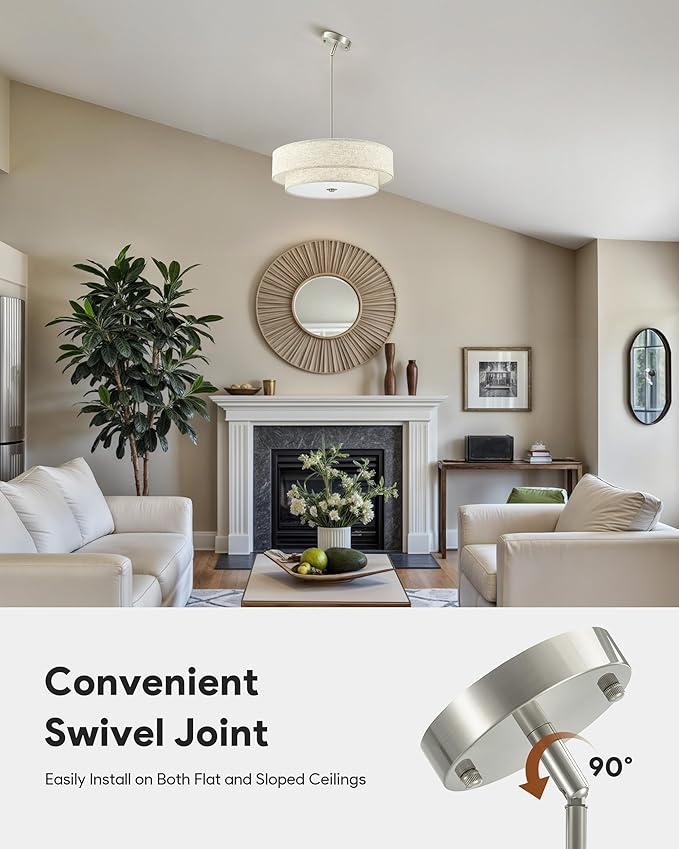VONLUCE Modern Chandeliers, 18" Drum Chandeliers with 2-Layer Fabric Shade, 4-Light Pendant Light Fixture with E26 Base, Light Fixture for Dining Room Bedroom Living Room, Linen Shade & Nickel Finish