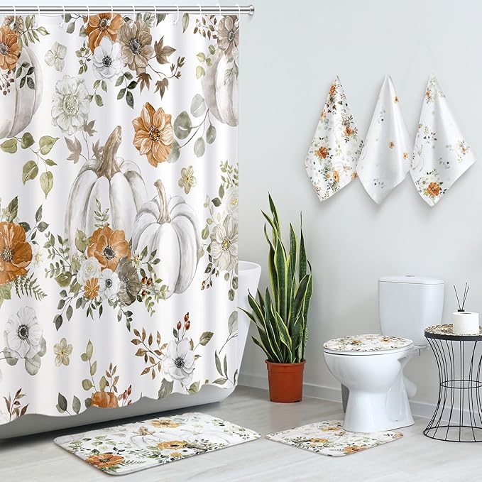 Newwiee 7 Pcs Fall Pumpkin Shower Curtain Sets Vintage Pumpkin Bathroom Set Thanksgiving Bathroom Curtain Shower Set Include Towels Non Slip Rugs Toilet Lid Cover Bath Mat(Autumn Pumpkins Flowers)