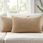Mecatny Corduroy Decorative Throw Pillow Covers 12x20 Set of 2 for Sofa Living Room, Soft Neutral Boho Couch Pillow Covers for Home Decor, Khaki