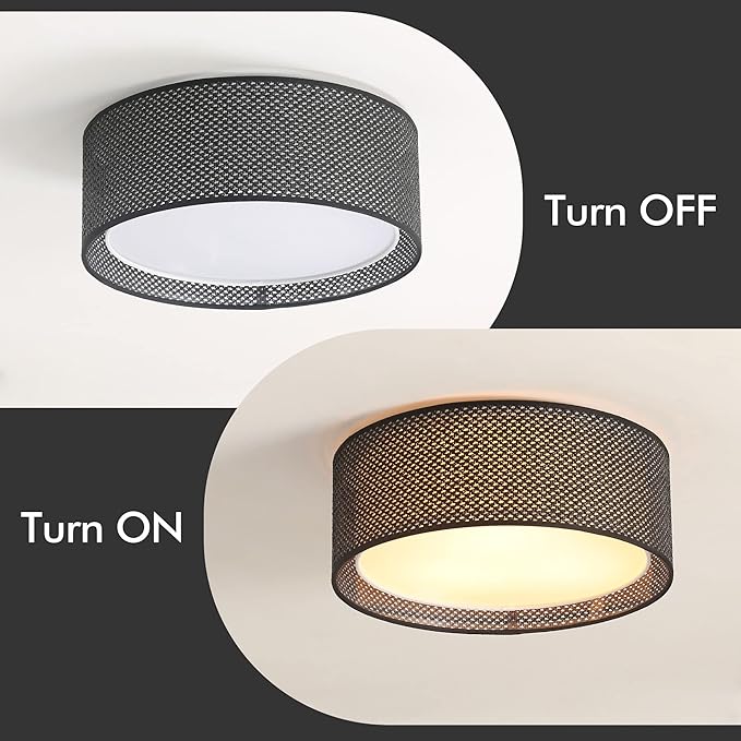 WINGBO 15.7" Modern 3-Light Flush Mount Ceiling Light Fixture with Fabric & Acrylic Double Drum Shade for Bedroom Living Room Dining Room Hallway Entryway, Black