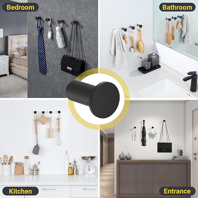 SAYAYO Black Towel Hooks for Bathrooms, Heavy Duty Wall Hooks for Hanging, Modern Coat Hook Robe Hook SUS 304 Stainless Steel 4 Pcs