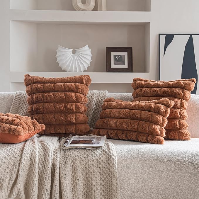Neelvin Brown Faux Fur Cozy Soft Plaid Decorative Throw Pillow Covers 20x20 inch Set of 2,Velvet Pillowcase Cushion Case for Sofa Couch