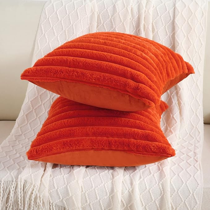 FUTEI Burnt Orange Striped Decorative Throw Pillow Covers 24x24 Inch Set of 2,Square Winter Decorations Couch Euro Pillow Case,Soft Cozy Faux Rabbit Fur & Velvet Back,Modern Home Decor for Bed