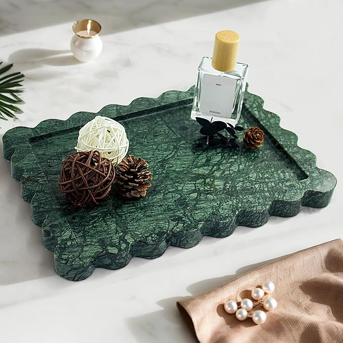 Genuine Indian Green Scalloped Marble Tray, Real Natural Marble Stone Trays, Luxury Decorative Trays for Bathroom, Dresser, Vanity, Home Decor, 10.6" x 8", Dark Emerald Green
