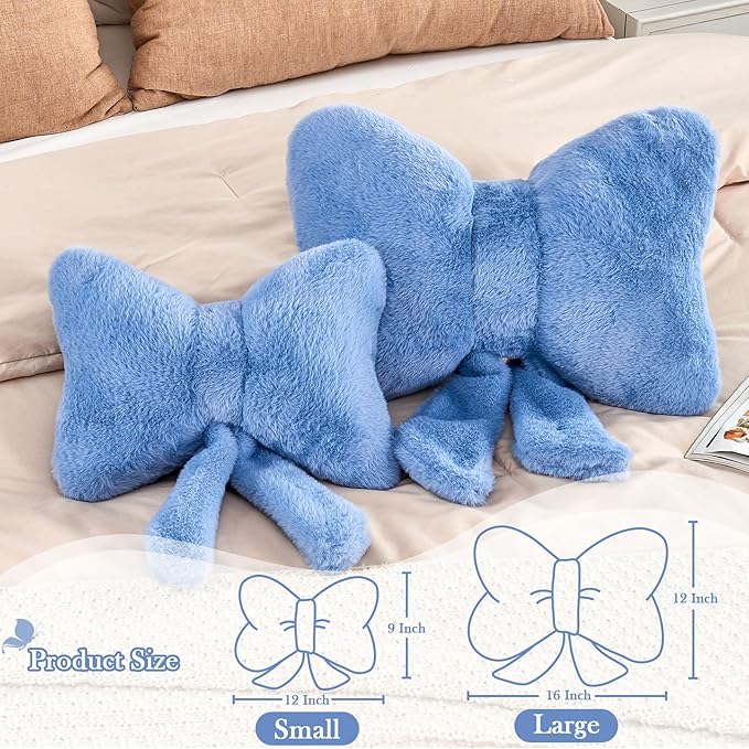 Dusty Blue Bow Pillow, Soft Bow Decorative Pillows with Faux Rabbit Fur, Cute 16" Bow Throw Pillows, Aesthetic Home Decor Bow Shaped Plush Pillow for Bedroom Sofa Couch