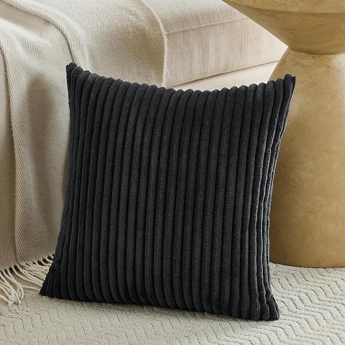 Fancy Homi Set of 2 Black Boho Decorative Throw Pillow Covers 20x20 Inch for Couch Bed Sofa, Aesthetic Modern Bohemian Room Decor, Soft Fuzzy Fluffy Cozy Corduroy Textured Cushion Case 50x50cm