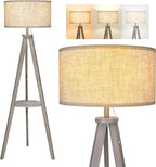 ELYONA Tripod Floor Lamp with 3 Color Temperatures LED Blub, Wood Floor Lamp with Table - Farmhouse Tall Reading Standing Light for Living Room, Bedroom, Office, Study Room, Pull Chain Controls, Grey