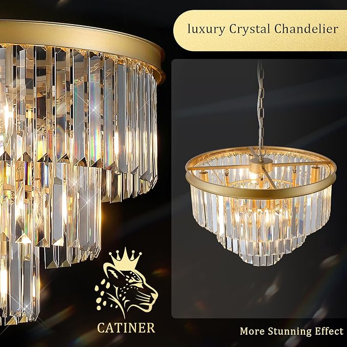 Modern Crystal Chandeliers,Gold 20” Round Chandeliers for Dining Room 3 Tiers 7 Lights Luxury K9 Crystal Ceiling Pendant Light Fixture for Foyer Bedroom Closet