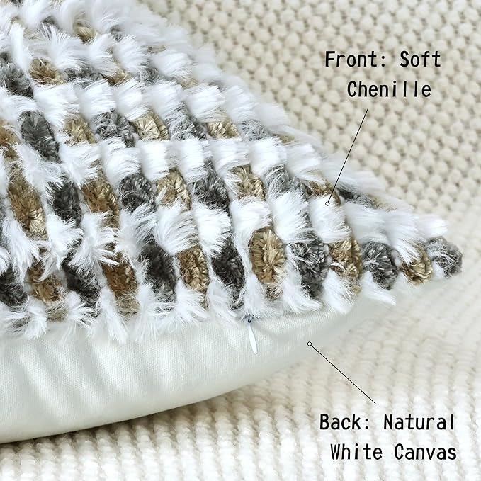 Boho Chenille Tufted Pillow Cover 18x18 Inch Set of 1, Farmhouse Striped Decorative Pillow Covers Accent Fluffy Neutral Square Pillowcases for Couch Sofa Bedroom Living Room, Brown Gray
