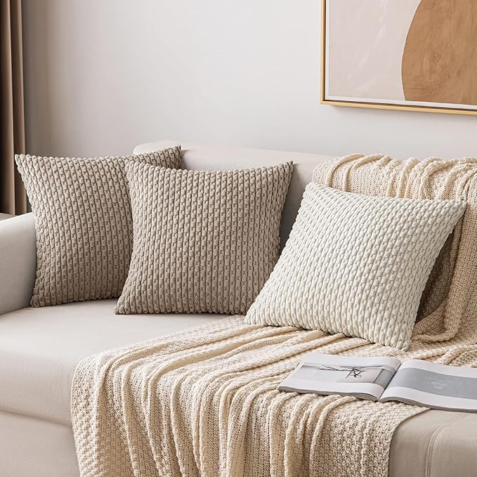 MIULEE Pack of 2 Decorative Throw Pillow Covers 20x20 Inch Soft Boho Striped Textured Corduroy Pillow Covers Modern Farmhouse Home Decor for Couch Bed Sofa Living Room Neutral Light Brown