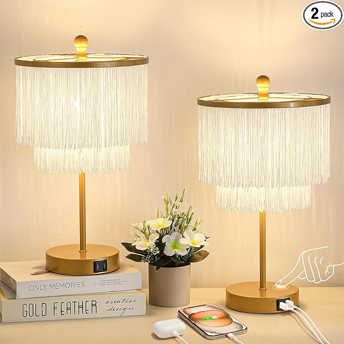 Bedside Lamps Set of 2, 3-Way Dimmable Touch Lamp with USB Charging Port, Boho Lamp with Tassel Lampshade for Bedroom, Living Room, Teens Room, Nightstand, LED Bulb Included