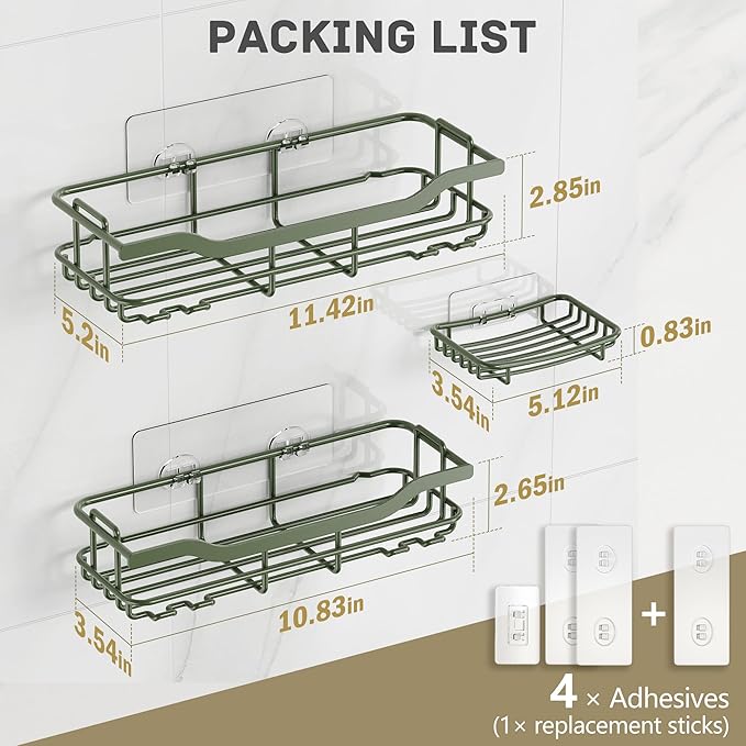 OMAIRA 3-Pack Shower Caddy with Soap Holder, Adhesive Rustproof No-drill Strudy Loading Inside Shower Organizer Shelves Rack Storage Bathroom Organization for Smooth Wall Glass Tile, Green (X-Large)