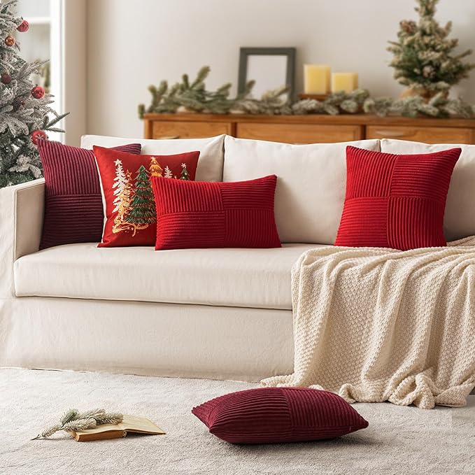 MIULEE Christmas Red Corduroy Pillow Covers Pack of 2 Boho Decorative Spliced Throw Pillow Covers Soft Solid Couch Pillowcases Cross Patchwork Cushion Covers for Living Room Bed Sofa 12x20 inch