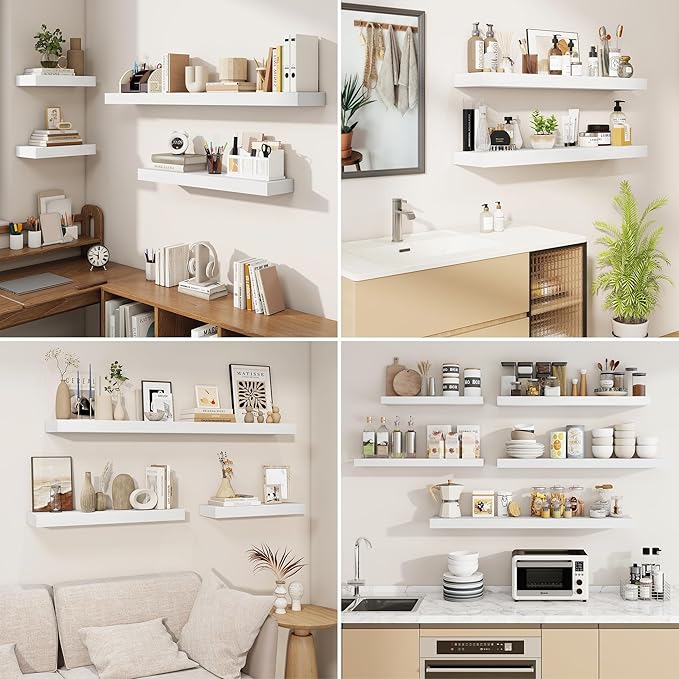 fuqing Floating Shelves for Wall, Wall Mounted Wood Floating Shelf with Invisible Brackets for Living Room, Bathroom, Bedroom, Kitchen Storage and Decor, 55 Inch Set of 2, White
