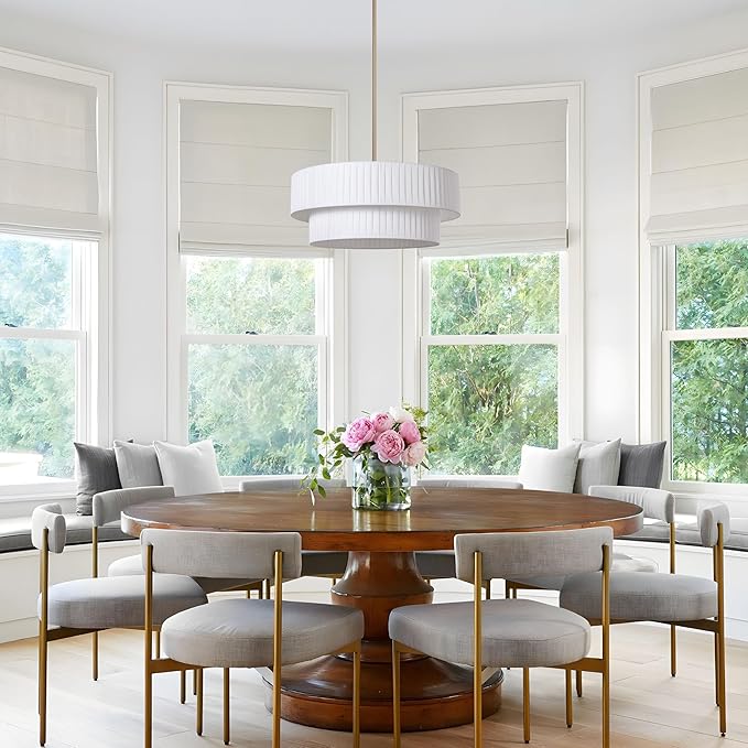 LamQee 20” Modern Drum Chandelier, 2-Tier Semi-Flush Mount Pendant Light Fixtures, 3-Light Hang Ceiling Lamp Hallway Lights Fixture with White Fabric Lampshades