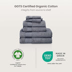 BIOWEAVES 100% Organic Cotton 700 GSM Plush 6-Piece Towel Set GOTS Certified, 2 Bath Towels, 2 Hand Towels & 2 Washcloths - Charcoal