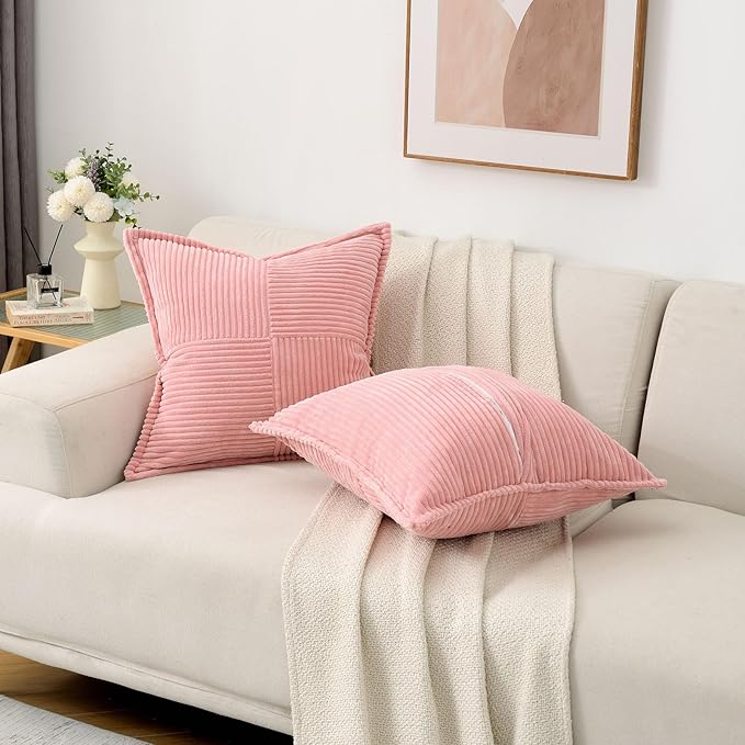 HAUSSY Pink Throw Pillow Covers 22x22 Inch Set of 2, Soft Corduroy Solid Striped,Valentine Decor Pillows,Winter Home Decorations for Couch,Bed