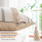 Boho Throw Pillow Covers 12x20 Set of 2 Woven Tufted Farmhouse Pillows Cover with Tassels Textured Striped Cushion Case Lumbar Pillow Cases Decorative Pillowcase for Sofa, Couch, Bed, Khaki