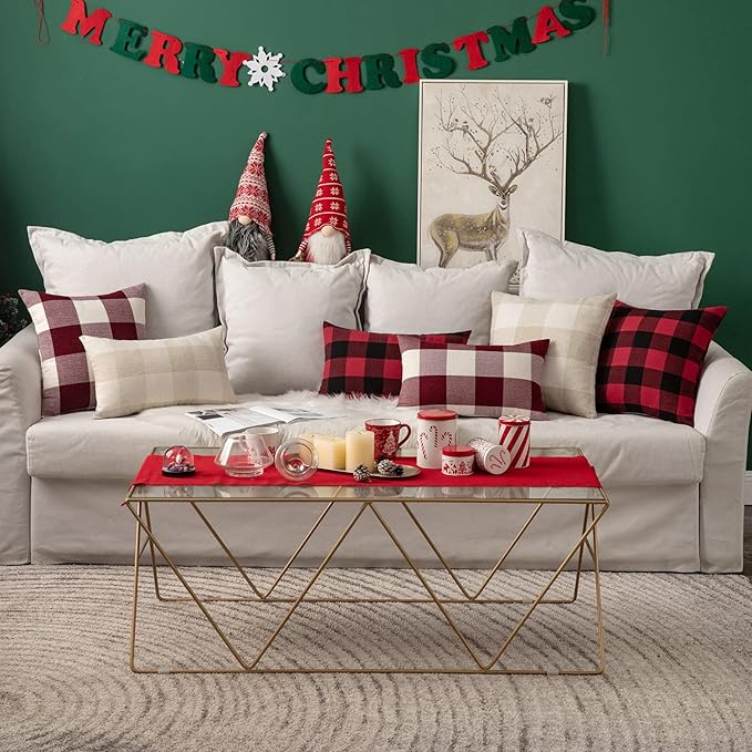 MIULEE Pack of 2 Christmas Classic Farmhouse Buffalo Check Plaids Polyester Linen Soft Soild Decorative Porch Throw Pillow Covers Home Decor Cushion Case for Sofa Bedroom 18x18 Inch, Black and Red
