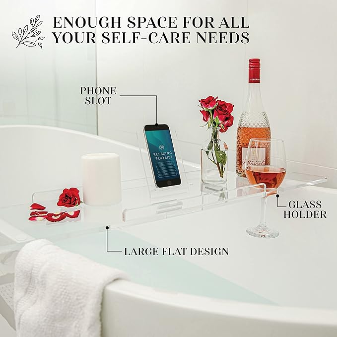 32" Supreme - Clear Acrylic Bathtub Tray Caddy Tub Shelf, Spa Board Luxury Bathroom Bath tub Table, Fits Across Bathtubs, Book, iPad and Wine Glass Holder (Supreme, 32")