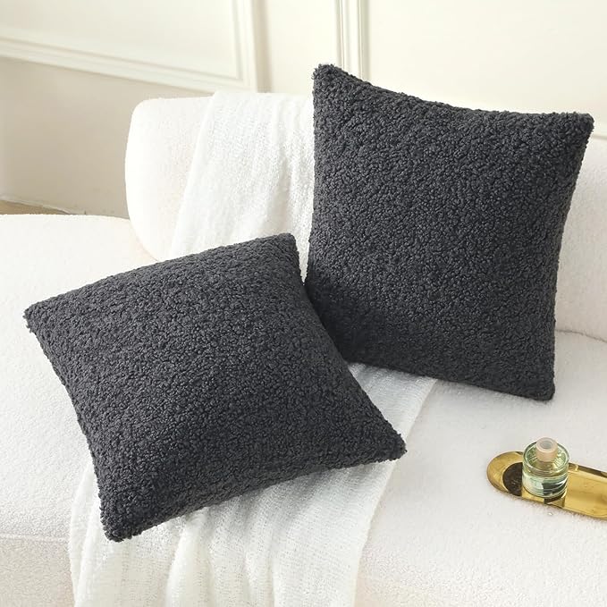FUTEI Charcoal Throw Pillow Covers 22x22 Inch Set of 2,Furry Faux Fur Teddy Boucle Textured Cushion Covers,Soft Fluffy Decorative Pillow Case,Home Decor for Couch Bed Living Room Office Car