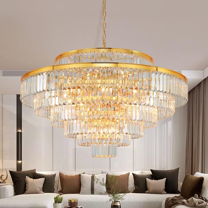 Crystal Chandeliers Modern Style Gold 39 inch & Lights Round Hanging Classic, Pendant Ceiling Chandelier Lighting Fixture 7-Tier for Dining Room Living Room