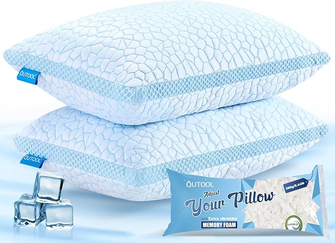QUTOOL Double Sided Cooling Pillow for Hot Sleepers, Shredded Memory Foam Pillows Standard Size Set of 2, Adjustable Soft & Firm Gel Bed Pillow for Side, Back, Stomach Sleepers