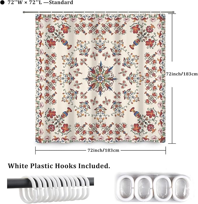 Boho Shower Curtain Floral Pattern Fabric Curtain for Bathroom Plant Theme Religion Floral Shower Curtain Sets Waterproof Decor 72x72Inch