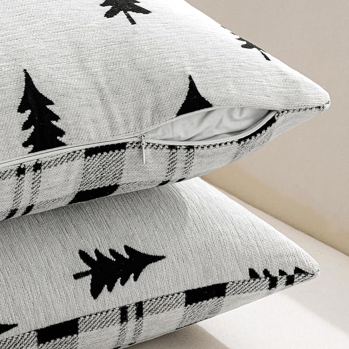 MIULEE Christmas Decorative Chenille Throw Pillow Covers, 18x18 Inch, White Black Tree, Set of 2 Cute Trees with Plaid Patterns Pillows for Sofa Couch Bedroom Chair Xmas Home Decor
