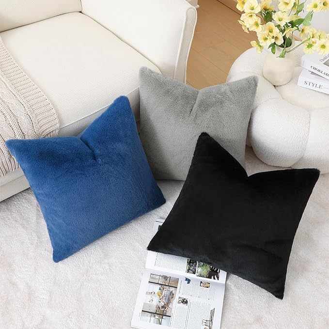 Pallene Faux Fur Plush Throw Pillow Covers 18x18 Set of 2, Soft Fluffy Couch Pillow Covers for Living Room, Grey