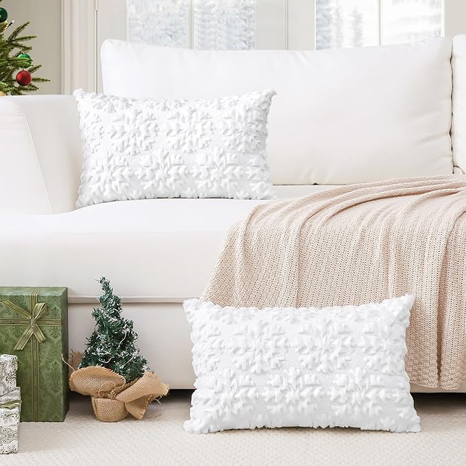 OTOSTAR Set of 2 Xmas Soft Plush Short Wool Velvet Decorative Throw Pillow Covers Rectangular Luxury Style Cushion Case Pillow Shell for Sofa Bedroom Snowflake White, 16x24 Inch